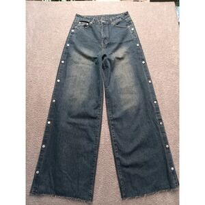 SUMWON Studios Snap-Side Wide Leg Jeans Women's Size 30‎ Raw Hem Blue Denim NWT